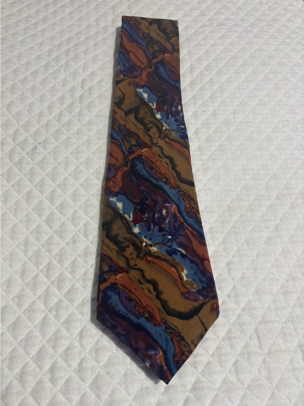 J. Garcia Mustard Yellow 100% Silk Tie with Blue and Rust Abstract Swirl